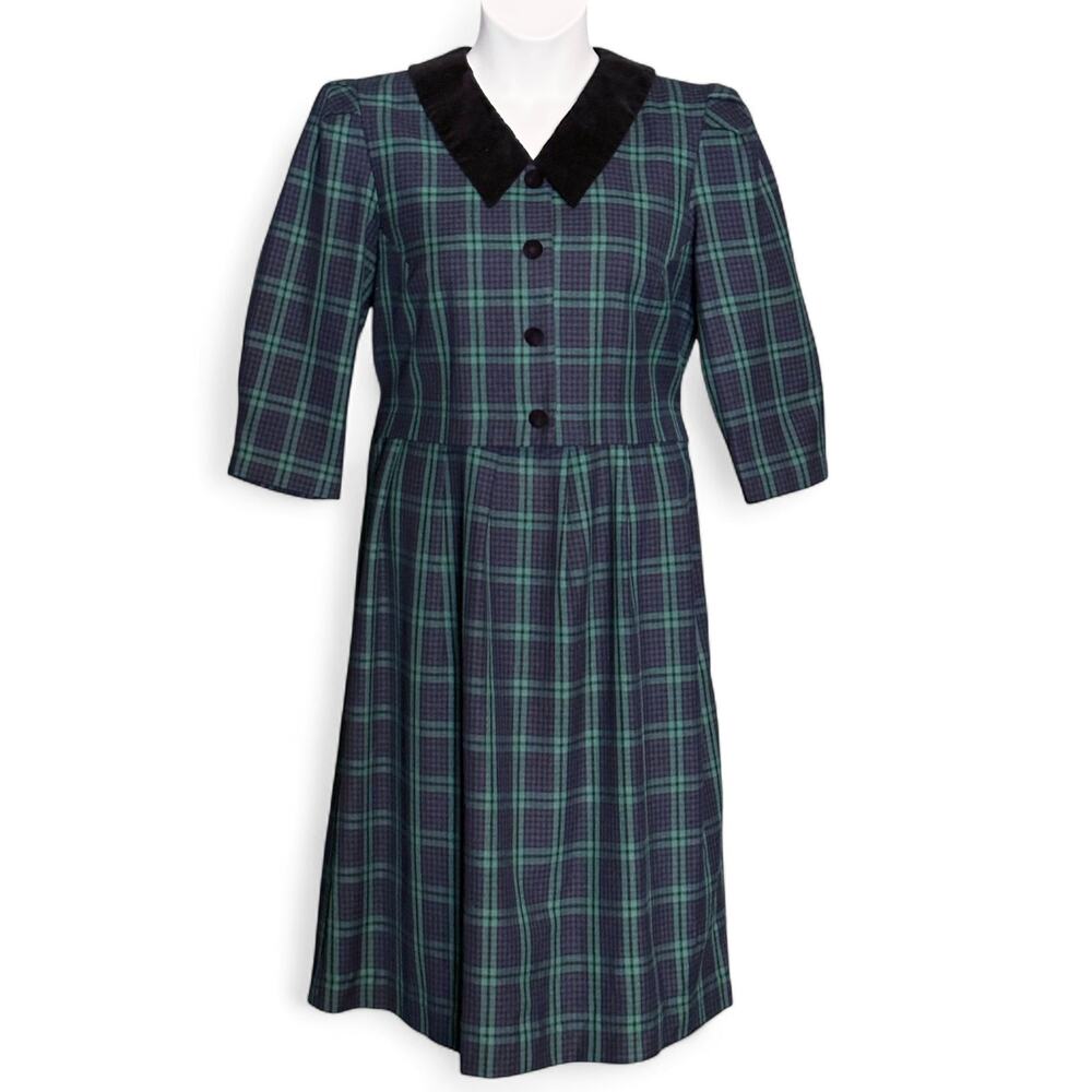 Vintage Miss Dorby Tartan Plaid Midi Dress 10P Velvet Collar Cottagecore Holiday